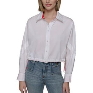 Karl Lagerfeld Women's Cotton Contrast-Collar Drawcord Button-Front Top